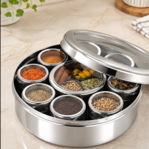 Stainless Steel Round Masala Box – Glass Lid