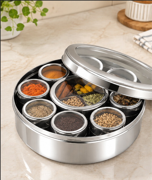 Stainless Steel Round Masala Box – Glass Lid