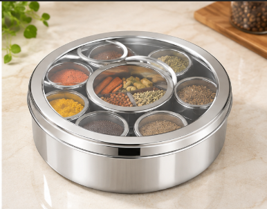 Stainless Steel Round Masala Box – Glass Lid - Image 3