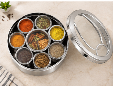 Stainless Steel Round Masala Box – Glass Lid - Image 2