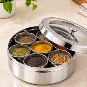 Stainless Steel MB2 Masala Box – 7 Containers, Transparent Lid