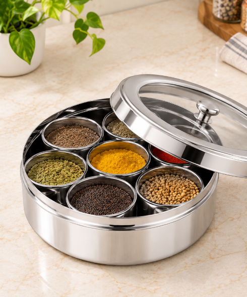 Stainless Steel MB2 Masala Box – 7 Containers, Transparent Lid