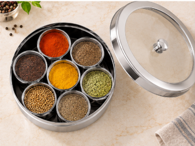 Stainless Steel MB2 Masala Box – 7 Containers, Transparent Lid - Image 2