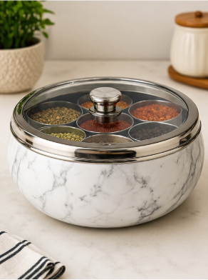 Stainless Steel Marble-Look Masala Box – C-Thru Lid - Image 2