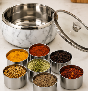 Stainless Steel Marble-Look Masala Box – C-Thru Lid