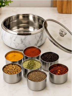 Stainless Steel Marble-Look Masala Box – C-Thru Lid