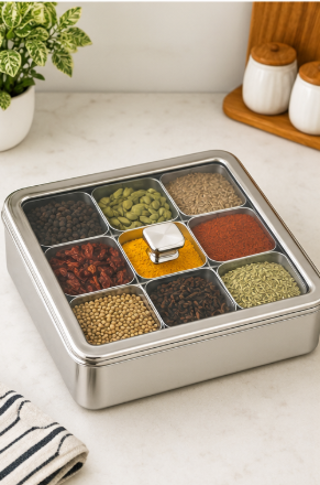 Stainless Steel Square Masala Box – 9 Compartments - Image 2