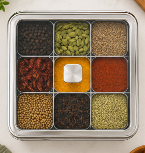 Stainless Steel Square Masala Box – 9 Compartments