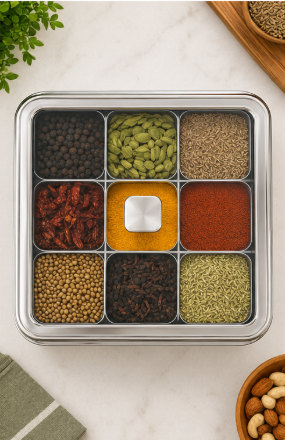 Stainless Steel Square Masala Box – 9 Compartments