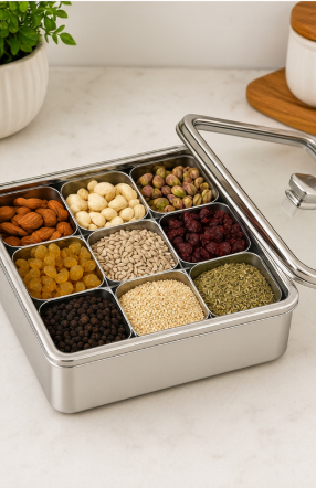 Stainless Steel Square Masala Box – 9 Compartments - Image 3