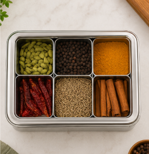 Stainless Steel Rectangle Masala Box – 6 Compartments