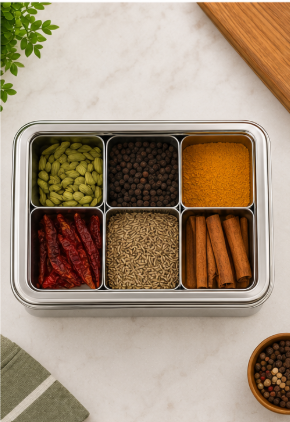 Stainless Steel Rectangle Masala Box – 6 Compartments