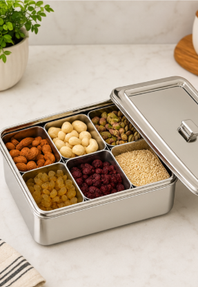 Stainless Steel Rectangle Masala Box – 6 Compartments - Image 2