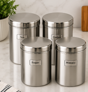 Stainless Steel TCS – Set of 4 Tea/Coffee/Sugar/Masala Containers