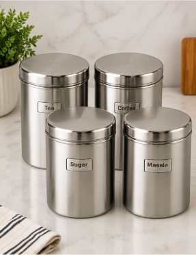 Stainless Steel TCS – Set of 4 Tea/Coffee/Sugar/Masala Containers