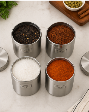 Stainless Steel TCS – Set of 4 Tea/Coffee/Sugar/Masala Containers - Image 2