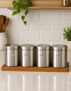 Stainless Steel TCS – Set of 4 Tea/Coffee/Sugar/Masala Containers - Image 3